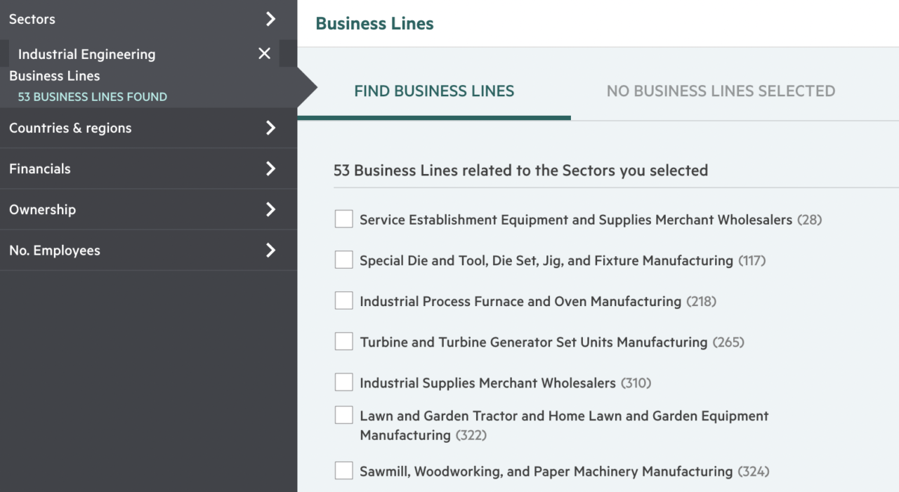 Searching companies by sector & business lines at ScoutAsia